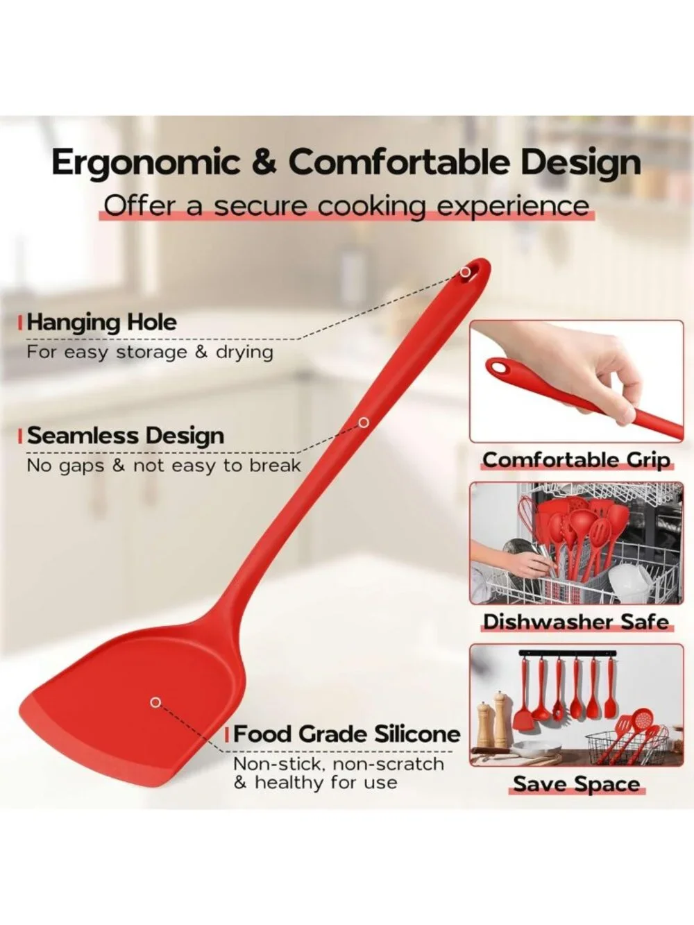10-Piece Red Silicone Cooking Utensils Set | Non-Toxic, Heat-Resistant Kitchen